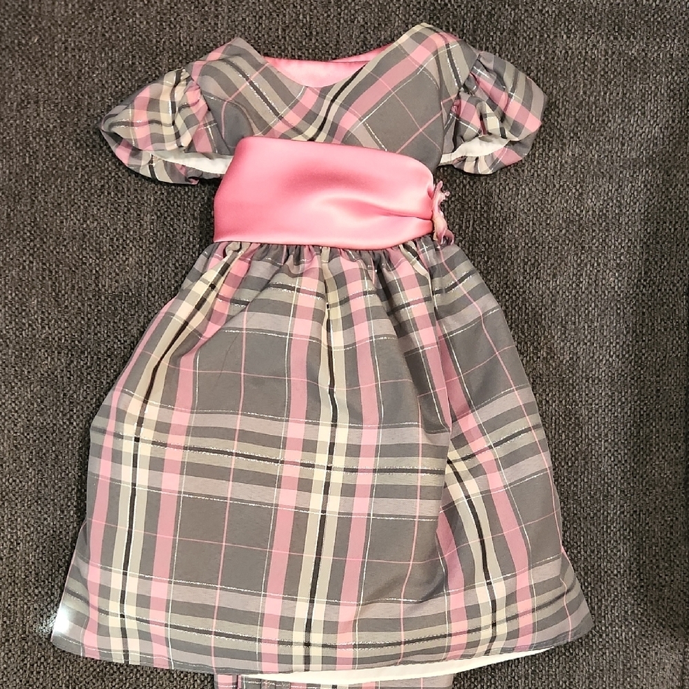 Pink and Gray Plaid Dress with Satin Sash